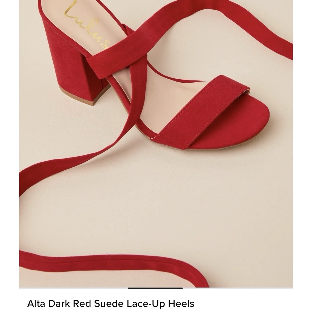EUC Lulus Alta Dark Red Suede Lace-Up Strappy Open Toe Heels Size 11